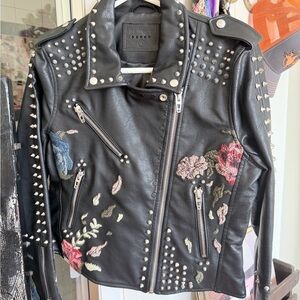 Blank NYC Black Leather Jacket with Studs and Floral Embroidery